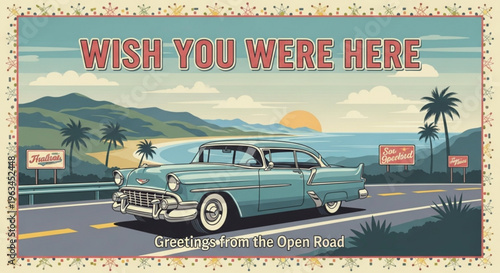 Vintage turquoise car drives on sunny coastal road with palm trees and mountains