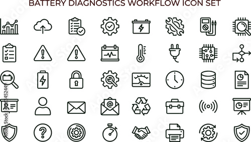 Battery diagnostics workflow outline icon set with energy monitoring analytics maintenance symbols for apps dashboards interfaces presentations smart device platforms