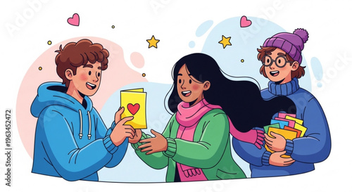 Friends sharing gifts and drinks with hearts and stars symbolizing friendship and affection in a colorful illustration
