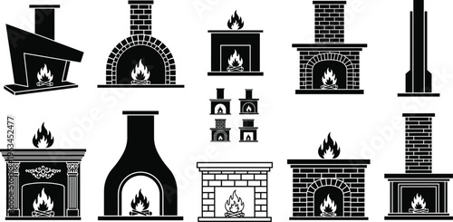 Fireplace Icon Set Featuring Various Hearth Styles Brick Oven Firewood And Mantle Silhouettes For Interior Design Home Heating And Architectural Graphics