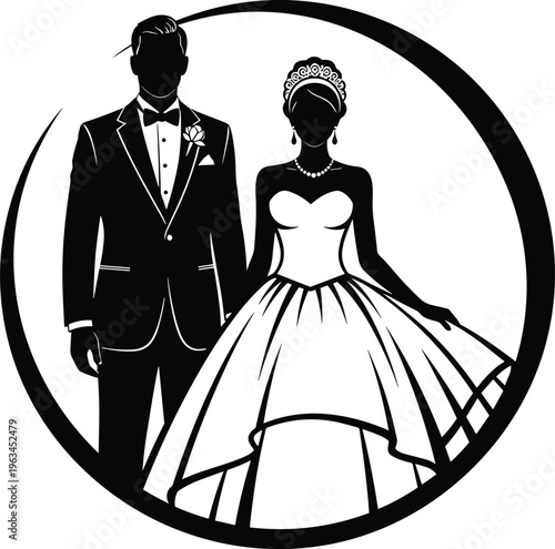 Elegant wedding couple silhouette vector illustration featuring a bride in a ballgown and groom in a tuxedo in circular frame