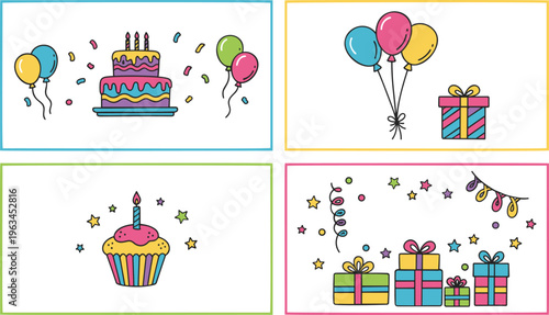 Colorful birthday celebration greeting card collection featuring  party cakes balloons candles and festive.