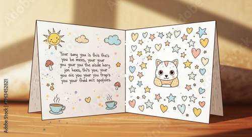 Open greeting card with cute cat and colorful doodles on wooden table with sunny background