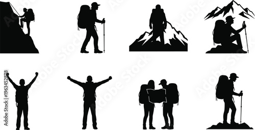 Hiking hiker mountain climbing silhouette vector set, outdoor adventure backpacking mountaineering people, trekking man woman success map landscape travel icon design.