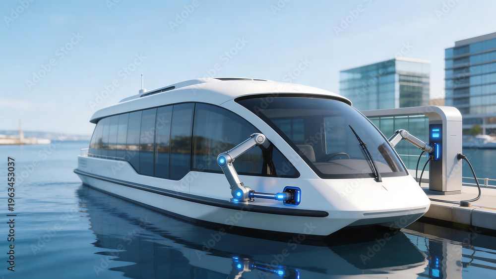 Obraz premium Modern electric boat charges at dockside