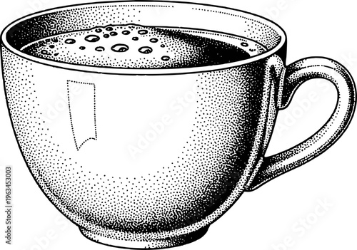 Black and white stippled of a steaming cup of coffee with bubbles a white background