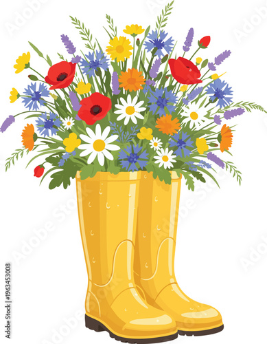 Bright Yellow Glossy Rain Boots Repurposed as a Charming Vase for a Vibrant Bunch of Colorful Fresh Wildflowers Representing Springtime Gardening Sustainability and Creative Home Decor