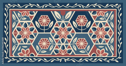 Simplified Top Down Vector Illustration of an Islamic Prayer Rug featuring a Minimalist Geometric Floral Pattern Representing Ramadan Spirituality and Muslim Culture