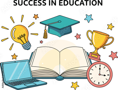 Success in education concept with open book, graduation cap, trophy, laptop, light bulb, academic achievement theme, inspirational flat vector illustration