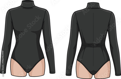 Front and back view of a black turtleneck long sleeve bodysuit technical fashion sketch vector illustration for apparel design mockup and clothing tech pack template.