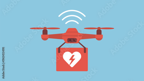 Drone delivering automated external defibrillator in emergency response scenario Vector, illustration
