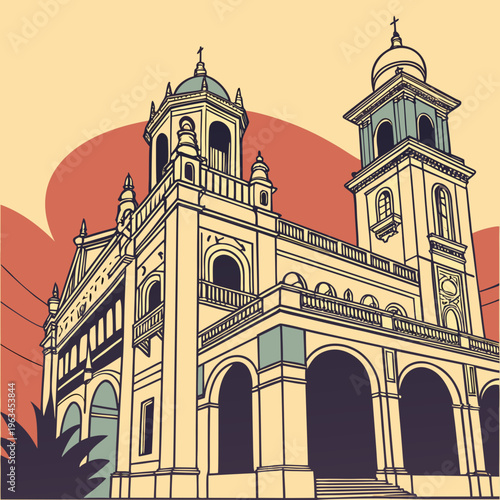 A large building with two towers and arches