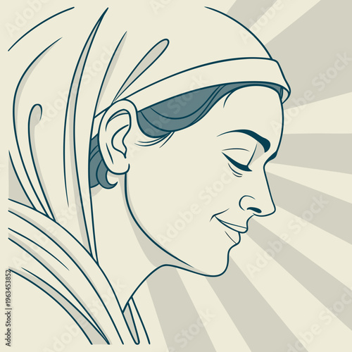 A blue line drawing of a woman wearing a headscarf