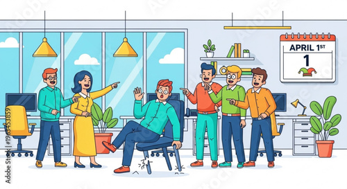 Colleagues in office celebrating april fools' day with joyful expressions and gestures