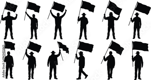 Set of black people silhouettes holding and waving flags, collection of man figures for demonstration or fan celebration, vector illustration isolated on white,
