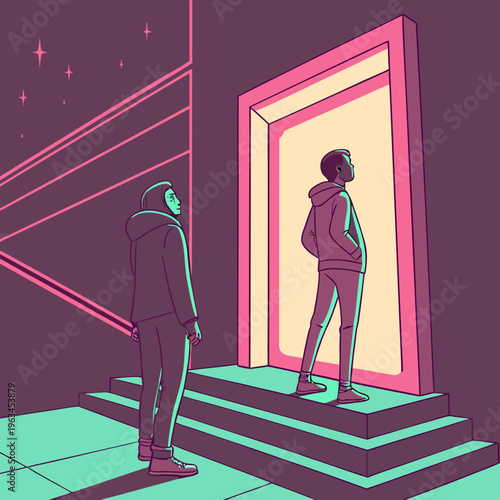 Person standing on steps looking through a doorway