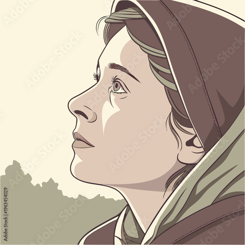 A woman wearing a brown headscarf looking away