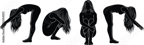 Set of woman silhouette vector illustrations depicting sadness depression loneliness yoga poses stretching and sitting isolated on white background
