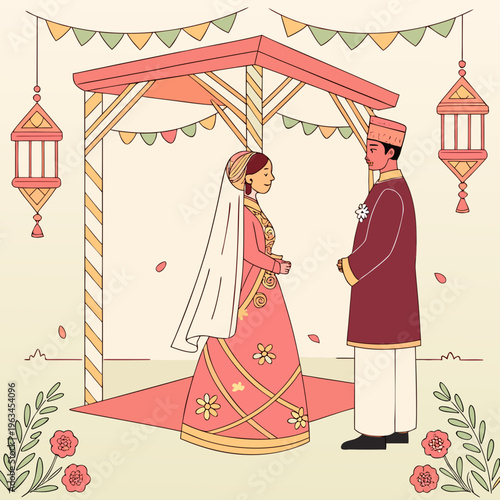 A indian couple standing under a wedding canopy