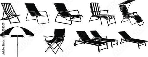 Set of beach chair silhouettes with sun umbrella and lounge furniture icons for summer vacation and outdoor patio leisure design