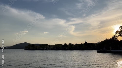 4K Wuxi Liyuan Garden Sunset Lakefront View with Distant Mountains