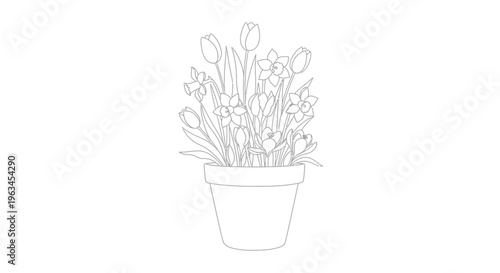Spring Flowers Blooming in a Flower Pot Vector Illustration Line Art Design Element