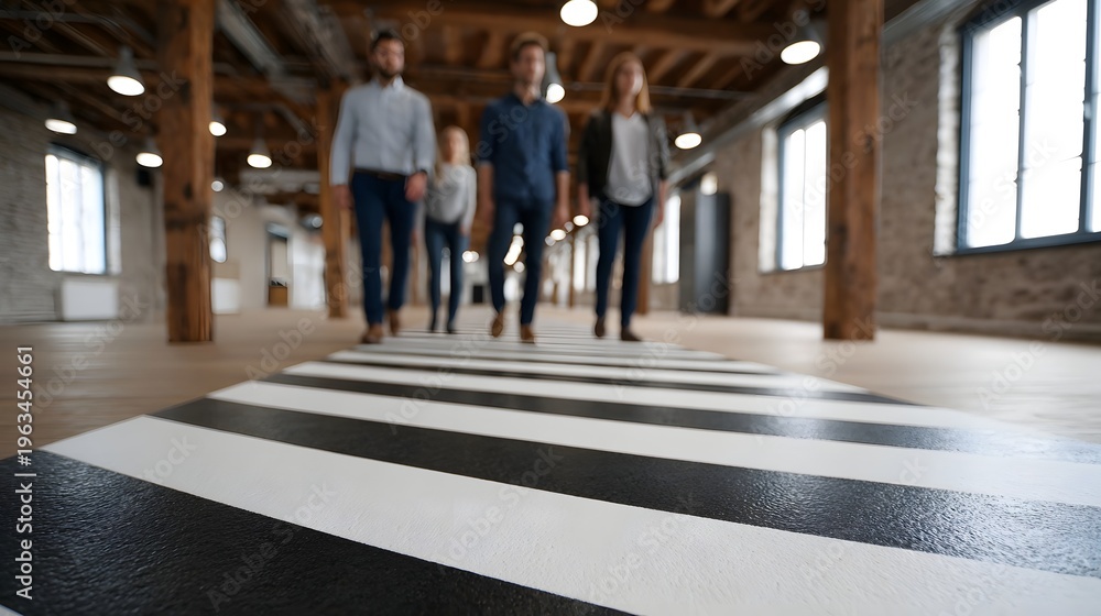 Obraz premium Colleagues walk across a striking black and white striped floor in an industrial loft office