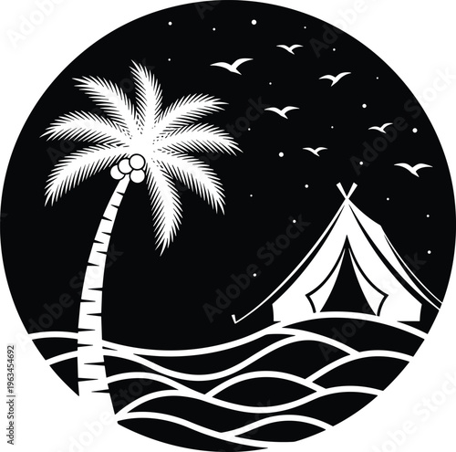 Vector silhouette of a tropical beach campsite at night with a palm tree, camping tent, ocean waves, stars, and birds.