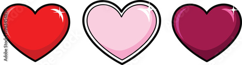 Glossy Heart Icon Set with Red Pink and Dark Romantic Love Symbols Cartoon Style Illustration Collection for Valentine, Wedding, and Decorative Design