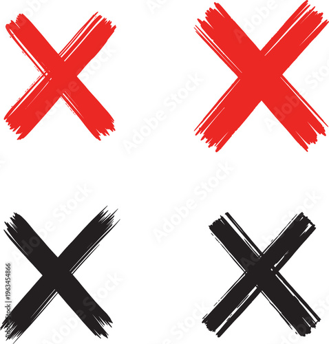 A set of four brush stroke x marks in red and black