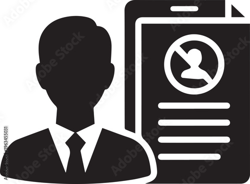 Black silhouette of a man in a suit with a denied or rejected document isolated on transparent background