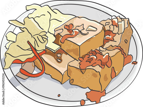 Hand drawn illustration of Taiwanese stinky tofu on plate, traditional deep fried fermented tofu with pickled cabbage