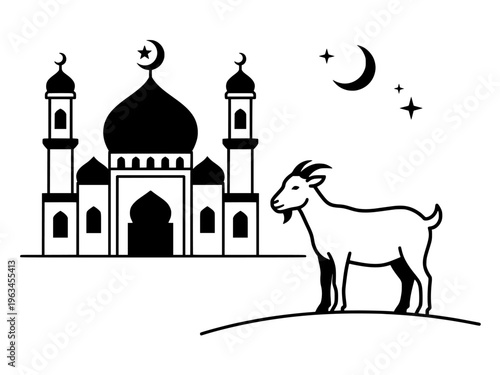 Eid al-Adha Goat and Mosque Silhouette Illustration