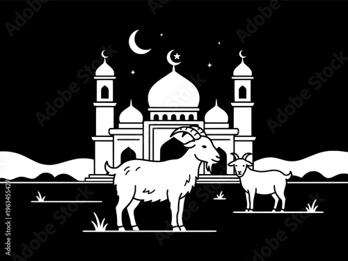 Islamic Qurban Scene with Goats and Mosque Silhouette