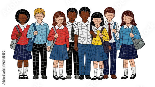 A mosaic of diverse schoolchildren, each a vibrant tile of individuality, stands united, ready for their educational journey.
