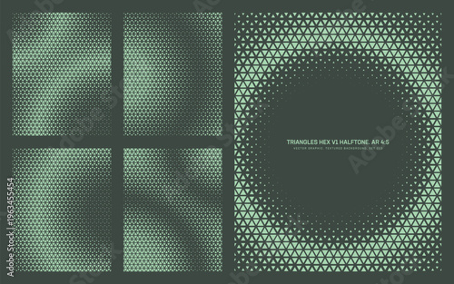 Vector triangular halftone pattern set in vertical 4:5 format with hexagonal grid and circular composition. Miltech inspired digital texture representing defense systems, data networks, development