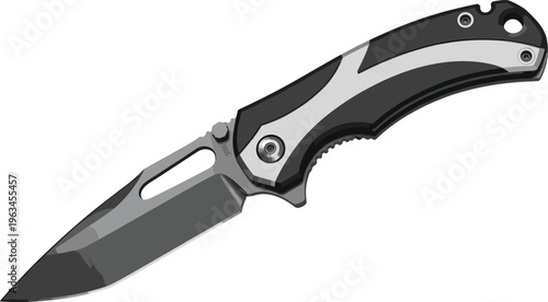 Modern tactical folding pocket knife vector illustration with a grey tanto blade and ergonomic black handle for outdoor survival and everyday carry.