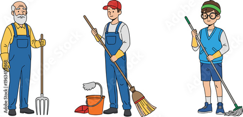People Cleaning and Gardening Characters Set with Tools Farmer Worker and Kid Holding Broom Mop and Pitchfork Cartoon Style Illustration Collection