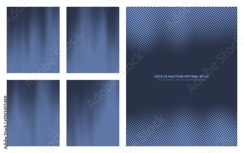 Vector halftone dots pattern set in vertical 4:5 format with diagonal grid, gradient transitions, smooth blurred edges. Abstract dotted textures for backgrounds, posters, print, branding, mod design