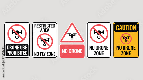 Various warning signs indicating drone usage restrictions in specific areas Vector, illustration

