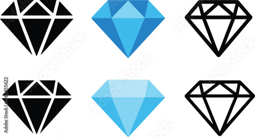   
Black and blue diamond icons collection with outlined geometric facets, gemstone jewel illustration artwork design elements set, minimal style, flat vector