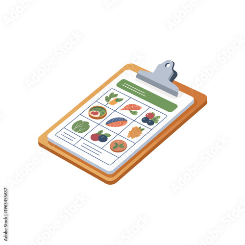 Isometric clipboard with healthy food menu icons featuring fresh vegetables and fruits for nutritional planning and diet tracking concept isolated on white background design