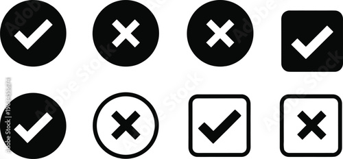 Black and white check mark and X icons collection, approval rejection symbols, user interface design elements illustration artwork set, flat vector