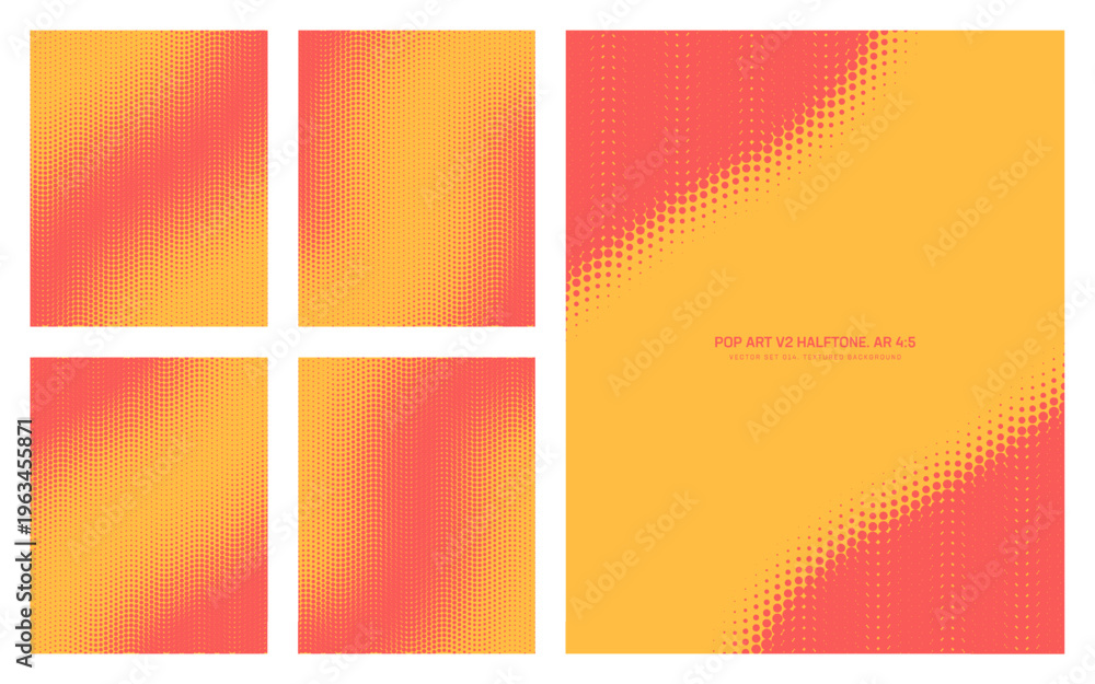 Obraz premium Vector pop art halftone dots pattern set in vertical 4:5 format with wavy grid, gradient transitions and bold red yellow contrast. Retro comic textures for posters, covers, advertising, branding