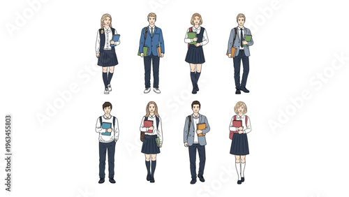 School Days Uniform: Illustration of diverse school students in uniform. showcasing educational diversity and community.