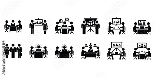 Business meetings and presentations icon set