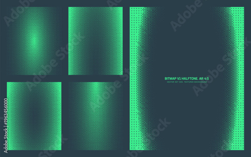 Vector bitmap halftone pattern set in vertical 4:5 format with pixel grid structure, gradient density and screen style compositions. Digital textures for UI, mobile layouts, posters, mod tech design