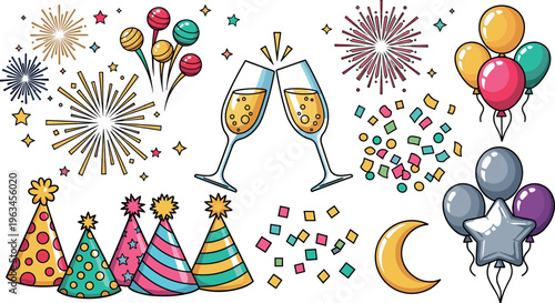 Party celebration elements collection with balloons fireworks champagne glasses confetti hats festive vector illustration set