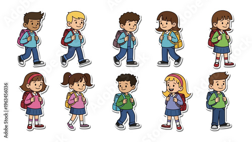 Ready for School: A collection of diverse students happily walk forward with their backpacks, a cheerful representation of the excitement and anticipation of the school day.