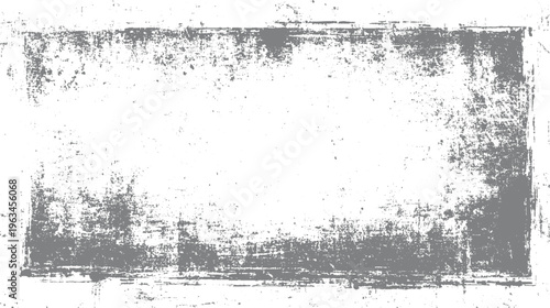 Distressed grey rectangular frame with rough textured edges and scattered speckles on white background